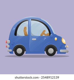 Side view flat blue cartoon passenger mini car. Transport vehicle illustration.