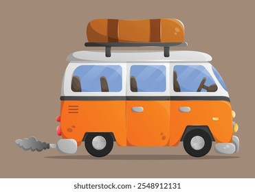 Side view flat cartoon old passenger van. Retro travel van with bags. Transport vehicle illustration.