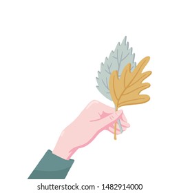 Side view flat cartoon style vector illustration of human hand holding two fall, autumn leaves of birch and maple isolated on white background. Female hand holding two fall, autumn leaves
