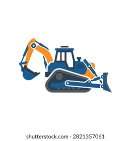 A side view flat design graphic of a blue and orange tracked construction vehicle featuring an excavator arm and a bulldozer blade