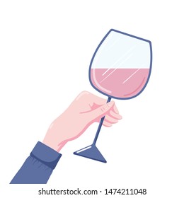 Side view flat style vector illustration of human hand holding glass of red wine, isolated on white background. Human hand holding glass of red wine, side view