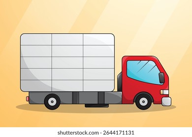 Side view flat truck illustration. Red cartoon truck. Heavy vehicle driving. Lorry van with box cargo logistic transportation service. Commercial freight delivery industrial machinery vehicle.