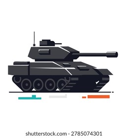 A side view flat vector design of a modern armored combat tank in a minimalist style isolated on a white background.