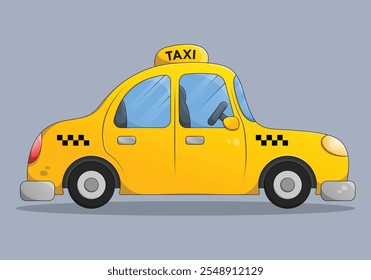 Vista lateral plana de dibujos animados amarillo taxi coche. Servicio de taxi público. Ilustración de vehículo de transporte.