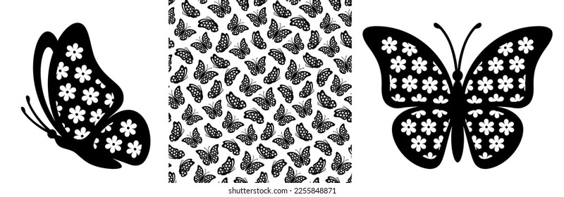 Side view flower monarch butterfly silhouette and seamless pattern. Spring butterfly icon and floral seamless texture. Vector graphic illustration for print design, greeting card and certificate