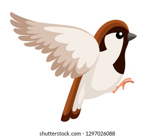 Side view of flying Sparrow bird. Flat cartoon character design. Colorful bird icon. Cute sparrow for world sparrow day. Vector illustration isolated on white background.