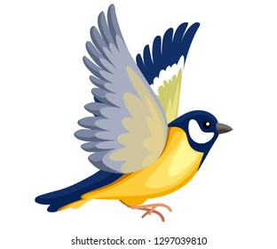 Side view of flying Titmouse bird. Flat cartoon character design. Colorful bird icon. Cute titmouse template. Vector illustration isolated on white background.