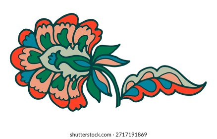 Desabrochar folclórico com folha à direita, vetor colorido perfeito para bordas em embalagens, cartões de saudação, planejadores e projetos de artesanato.