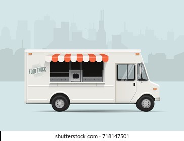 Side View Food Truck with City Landscape on the Background. High Detailed Vector Illustration. Food Truck Mockup.