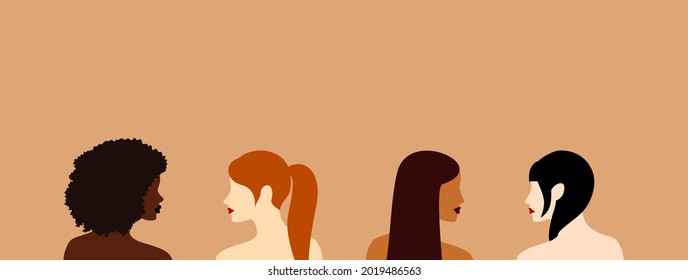 Side view of four beautiful women of different skin, hair and ethnicity looking at each other. Flat vector illustration