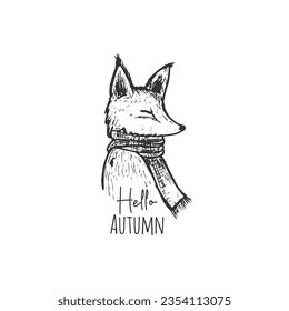 Hand=dibujo de dibujos animados vintage dibujo de zorro usando bufanda. Concepto de diseño de dibujo temático de otoño. Hola frase de texto de otoño. Aislado sobre fondo blanco.