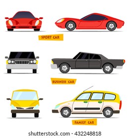 Side view and front view car collection in detailed cartoon flat style.