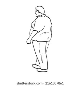 side view of full length fat man walking illustration vector hand drawn isolated on white background line art.