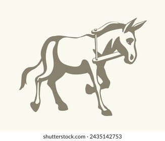 Side view funny ass pony breed pet head go ranch zoo stand white text space. Gray black hand drawn art sketch fun hoof jack beast mare ride plow equine retro bible logo sign icon farmer bridle culture