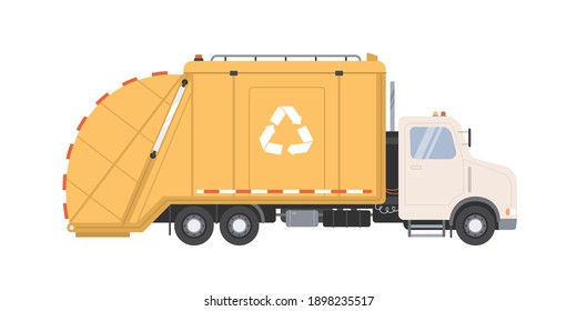 Side view of garbage truck with recycle sign for waste removal. Yellow lorry with refuse hopper and lift bucket for rubbish collection. Colored flat vector illustration isolated on white background