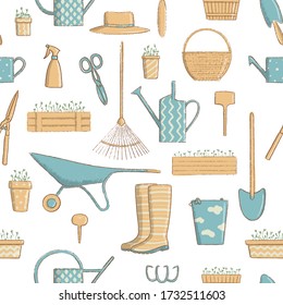 Side view gardening seamless pattern set icon set. Collection of useful horticulture tools spade, hat etc. cartoon vintage style, vector illustration. For prints, food design, health style hobby menu,