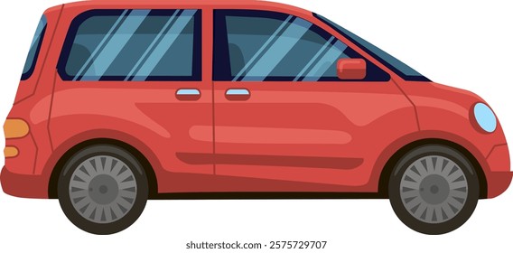 Side view of a generic red compact car with visible windows, doors, and wheels, isolated on a white background, suitable for transportation or automotive related projects