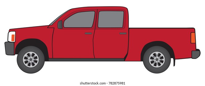 Side view of generic red pickup with oversized cab to accommodate passenger comfort