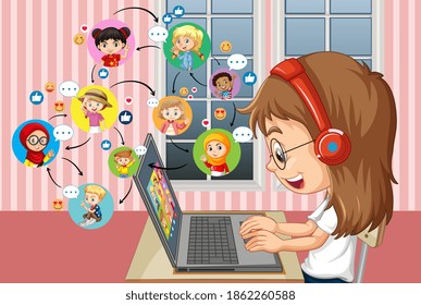 Side view of a girl communicate video conference with friends at home scene illustration