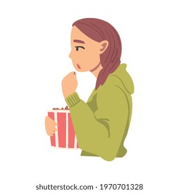 Side View of Girl Eating Popcorn Staring at Something Cartoon Vector Illustration