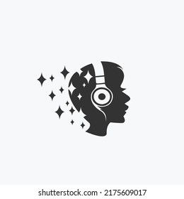 side view girl with headphone listening music logo design vector illustration