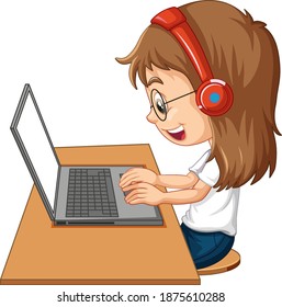 Side view girl and laptop the table white background illustration