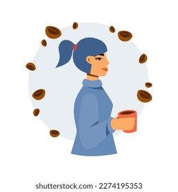 side view girl with ponytail holding a cup of coffee or tea for warmth in comfy sweater. simple circle with coffee beans background. vector illustration for website, poster, and banner