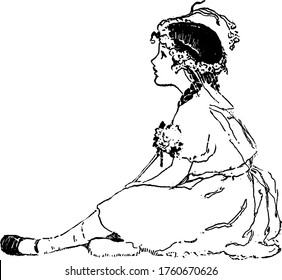 Side view of a Girl sitting on a floor and wearing floral wreaths, vintage line drawing or engraving illustration.