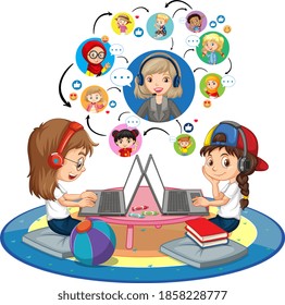 Vista lateral de las niñas que usan una laptop para comunicar videoconferencia con profesores y amigos en ilustración de fondo blanco
