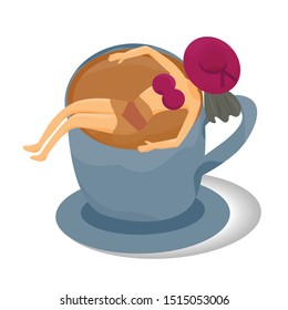 Side view of a gray coffee cup with a woman and saucer isolated on a white background.
