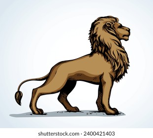 Side view great African calm old proud power noble free yellow fur tail stand heraldry fierce look prey. Bright brown black line hand drawn furry herald logo emblem outline art statue style text space