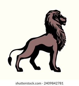 Side view great African calm old proud power noble free yellow fur tail stand heraldry fierce look prey. Bright brown black line hand drawn furry herald logo emblem outline art statue style text space