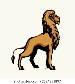 Side view great African calm old proud power noble free yellow fur tail stand heraldry fierce look prey. Bright brown black line hand drawn furry herald logo emblem outline art statue style text space