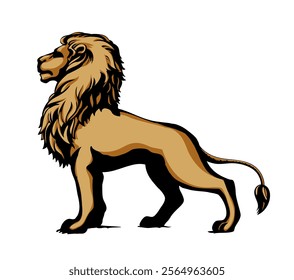 Side view great African calm old proud power noble free yellow fur tail stand heraldry fierce look prey. Bright brown black line hand drawn furry herald logo emblem outline art statue style text space