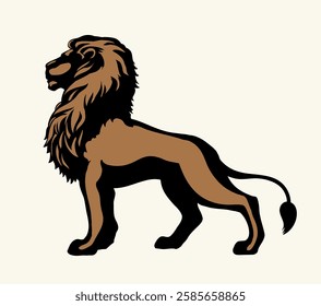 Side view great African calm old proud power noble free yellow fur tail stand heraldry fierce look prey. Bright brown black line hand drawn furry herald logo emblem outline art statue style text space