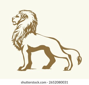 Vista lateral grande Africano calmo velho poder nobre livre nobre cauda de pele amarela ficar heráldica ardente olhar presa. Preto brilhante marrom linha mão desenhada peludo herald logotipo emblema arte estilo estátua espaço de texto