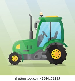 Side view green cartoon tractor illustration. Heavy machine for working in the field, growing and collecting ecological farm products. Agricultural machinery.