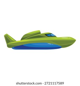 Side view of a green ekranoplan soaring over the water