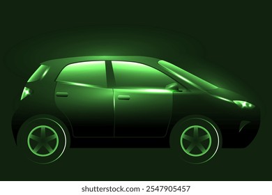 Vista lateral del coche eléctrico brillante verde, ilustración del concepto del EV. Vehículo de neón verde brillante sobre un fondo oscuro.
