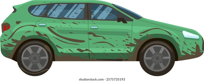 Side view of a green SUV covered in mud, showcasing the aftermath of an adventurous off road trip and highlighting the need for a thorough car wash and cleaning