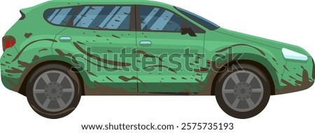 Side view of a green SUV covered in mud, showcasing the aftermath of an adventurous off road trip and highlighting the need for a thorough car wash and cleaning