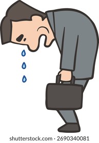 Vista lateral de un afligido hombre de mediana edad en traje, desplomado y llorando