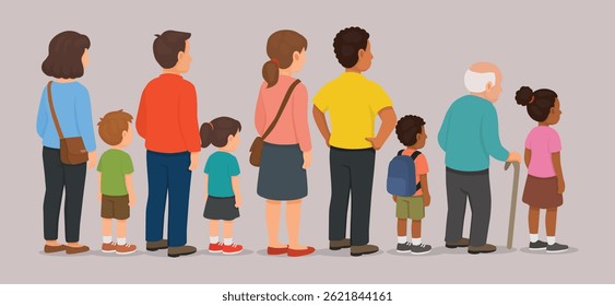 Vista lateral de um grupo de pessoas na fila, incluindo homens, mulheres, crianças e pessoas de diferentes origens étnicas