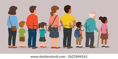 Side view of a group of people queuing in line including a mix of men, women, children, and people of different ethnic backgrounds