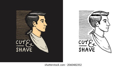 Side view of a guy with an apron. Barber shop badge and label, logo and hipster emblems. Haircut of beard and mustache. Tools for man icon. Engraved hand drawn in old vintage sketch.