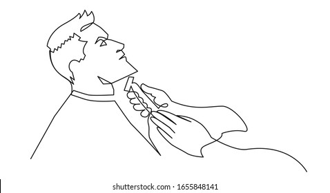 Side view of a hairdresser trimming a man's beard with a trimmer. Continuous one line drawing of beard cutting process. Vector line art barber works illustration isolated on white