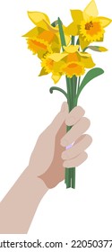 Seitenansicht, die einen Haufen gelber, dunkler Blumen hält, einzeln auf weißem Hintergrund