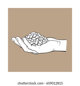 Side view hand holding pile, handful of pills, tablets, medicine, black and white sketch style vector illustration on brown background. Drawing of hand holding many pills, medicine in open palm