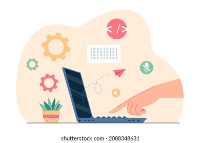 Side View Of Hand Pressing Key On Open Laptop. Person Working On Portable Computer Flat Vector Illustration. Modern Technology, Communication Concept For Banner, Website Design Or Landing Web Page