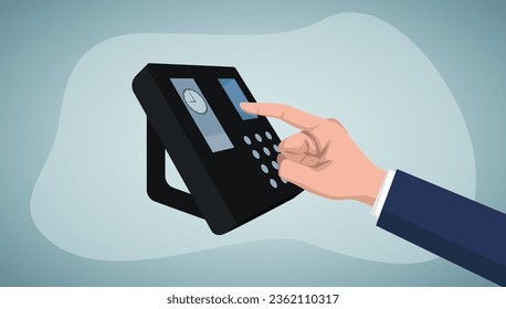 Side view of hand scanning fingerprint to screening system gain entry security to building the office. Biometric locks control access to record working time.Clock in.